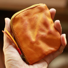 Vintage Slim Brown Leather Mens Coin Wallet Zipper Coin Holder Brown Change Pouch For Men - imessengerbags