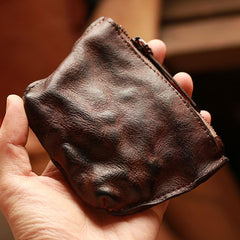 Vintage Slim Brown Leather Mens Coin Wallet Zipper Coin Holder Brown Change Pouch For Men - imessengerbags