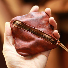 Vintage Slim Brown Leather Mens Coin Wallet Zipper Coin Holder Brown Change Pouch For Men - imessengerbags