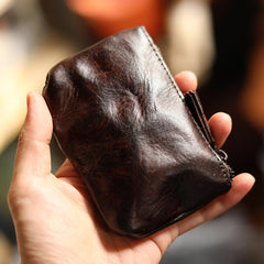 Vintage Slim Brown Leather Mens Coin Wallet Zipper Coin Holder Brown Change Pouch For Men - imessengerbags