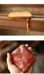 Vintage Slim Brown Leather Mens Coin Wallet Zipper Coin Holder Brown Change Pouch For Men - imessengerbags