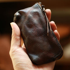 Vintage Slim Brown Leather Mens Coin Wallet Zipper Coin Holder Brown Change Pouch For Men - imessengerbags