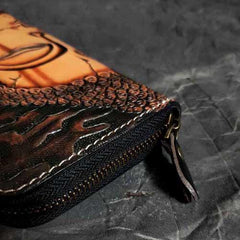 Badass Black Leather Men's Clutch Wallet Buddha Handmade Tooled Zipper Long Wallets For Men - imessengerbags