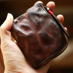 Vintage Slim Brown Leather Mens Coin Wallet Zipper Coin Holder Brown Change Pouch For Men - imessengerbags