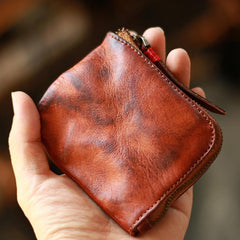 Vintage Slim Brown Leather Mens Coin Wallet Zipper Coin Holder Brown Change Pouch For Men - imessengerbags