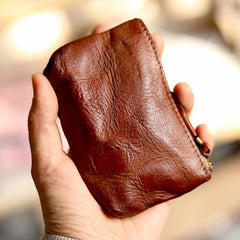 Vintage Slim Brown Leather Mens Coin Wallet Zipper Coin Holder Brown Change Pouch For Men - imessengerbags