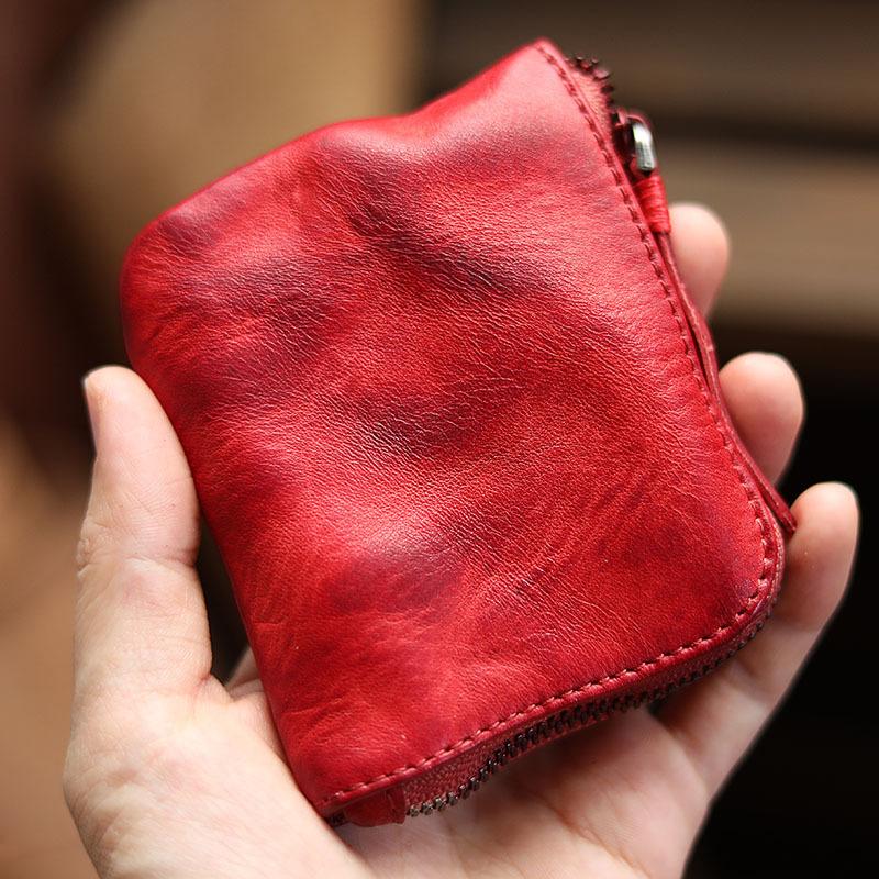 Vintage Slim Brown Leather Mens Coin Wallet Zipper Coin Holder Brown Change Pouch For Men - imessengerbags