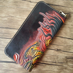 Handmade Leather Mahākāla Tooled Mens Long Wallet Cool Leather Wallet Clutch Wallet for Men - imessengerbags