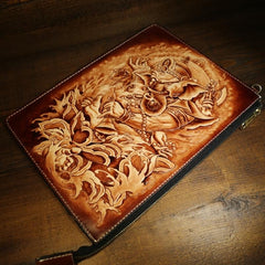 Handmade Leather Tooled Mens Cool Long Leather iPad Bag Wristlet Clutch Wallet for Men - imessengerbags