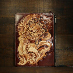 Handmade Leather Tooled Mens Cool Long Leather iPad Bag Wristlet Clutch Wallet for Men - imessengerbags