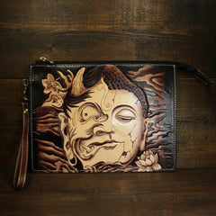 Handmade Leather Tooled Mens Cool Long Leather iPad Bag Wristlet Clutch Wallet for Men - imessengerbags