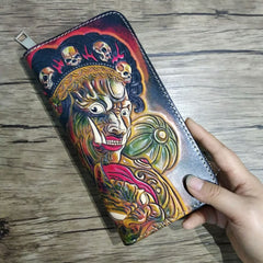 Handmade Leather Mahākāla Tooled Mens Long Wallet Cool Leather Wallet Clutch Wallet for Men - imessengerbags