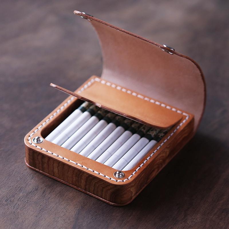 Handmade Wooden Coffee Leather Mens 20pcs Cigarette Case Cool Custom Cigarette Holder for Men - imessengerbags