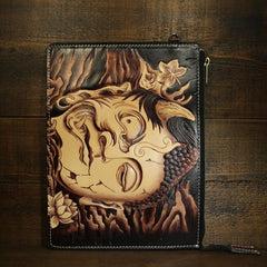 Handmade Leather Tooled Mens Cool Long Leather iPad Bag Wristlet Clutch Wallet for Men - imessengerbags