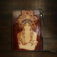 Handmade Leather Tooled Mens Cool Long Leather iPad Bag Wristlet Clutch Wallet for Men - imessengerbags