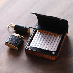 Handmade Wooden Coffee Leather Mens 20pcs Cigarette Case Cool Custom Cigarette Holder for Men - imessengerbags