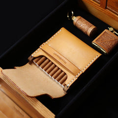 Cool Wooden Beige Leather Mens 10pcs Cigarette Case Custom Cigarette Holder for Men - imessengerbags