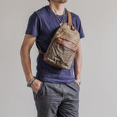 Canvas Leather Mens Cool Chest Bag Sling Bag Crossbody Bag Travel Bag Hiking Bag for men - imessengerbags