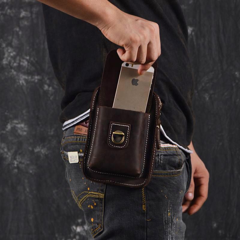 Cool Brown Leather Men's Belt Pouch Cell Phone Holster Small Belt