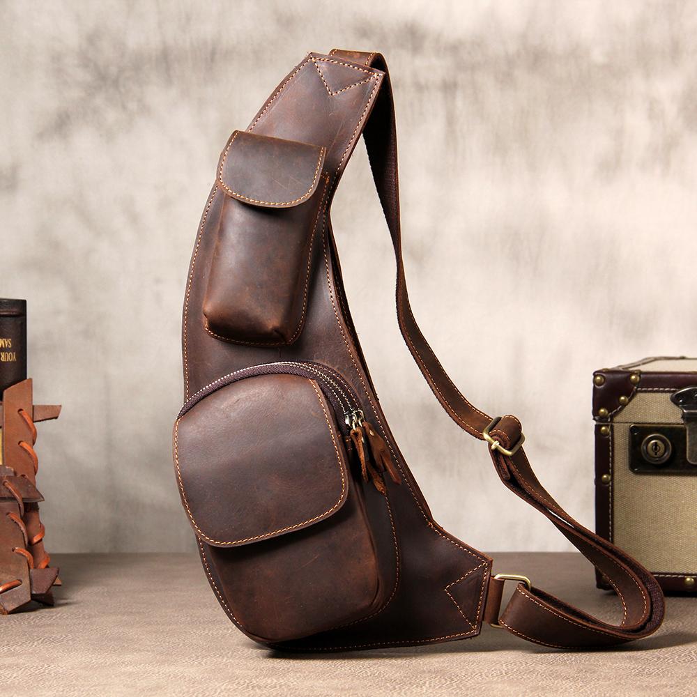 Hanmade Genuine Leather Vintage Brown Coffee Mens Cool Sling Bag Crossbody Bag Chest Bag for men - imessengerbags