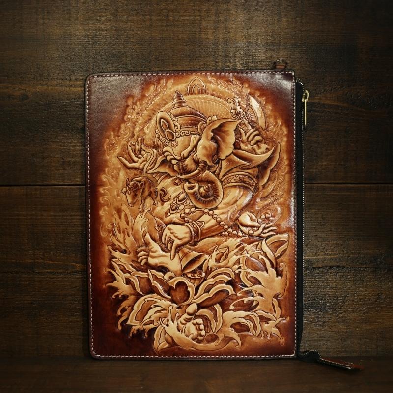 Handmade Leather Tooled Mens Cool Long Leather iPad Bag Wristlet Clutch Wallet for Men - imessengerbags