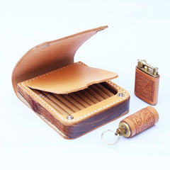 Wooden Beige Leather Mens Cigarette Case Cool Handmade Custom Cigarette Holder for Men - imessengerbags