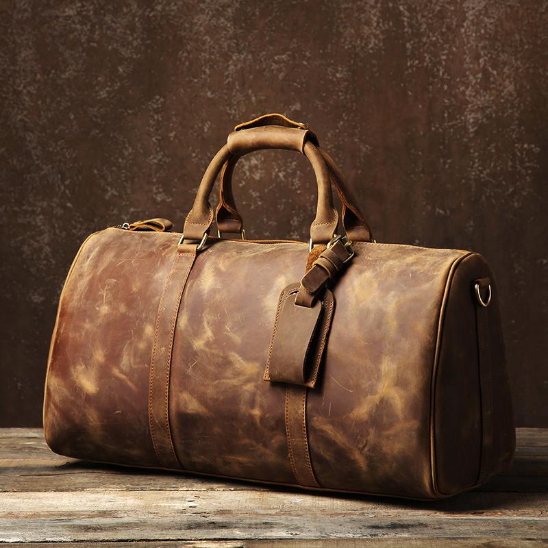 Genuine Leather Duffle Bag - Brown