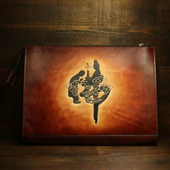 Handmade Leather Tooled Mens Cool Long Leather iPad Bag Wristlet Clutch Wallet for Men - imessengerbags