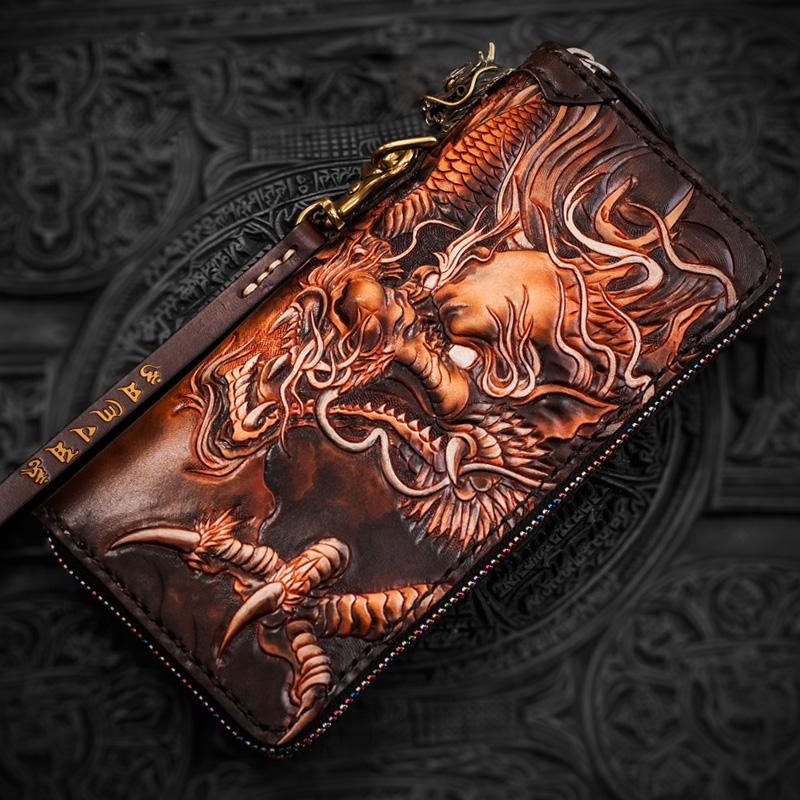 Handmade Leather Tooled Floral Mens Chain Biker Wallet Cool