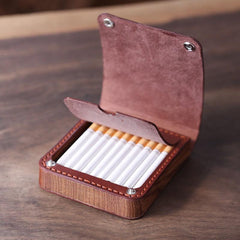 Handmade Wooden Coffee Leather Mens 20pcs Cigarette Case Cool Custom Cigarette Holder for Men - imessengerbags