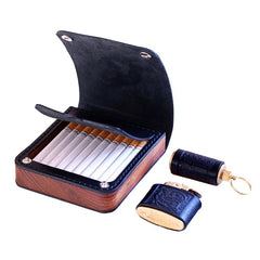 Handmade Wooden Black Leather Mens 20pcs Cigarette Case Cool Custom Cigarette Holder for Men - imessengerbags