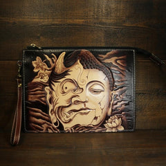 Handmade Leather Tooled Mens Cool Long Leather iPad Bag Wristlet Clutch Wallet for Men - imessengerbags