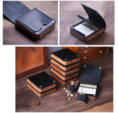 Handmade Wooden Black Leather Mens 20pcs Cigarette Case Cool Custom Cigarette Holder for Men - imessengerbags