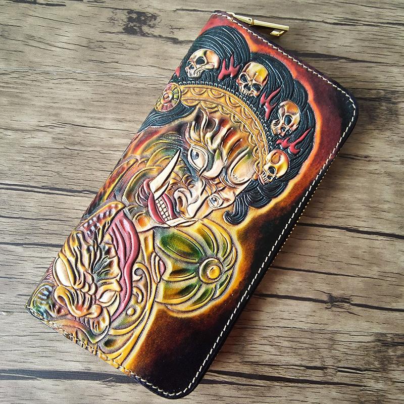 Handmade Leather Mahākāla Tooled Mens Long Wallet Cool Leather Wallet Clutch Wallet for Men - imessengerbags